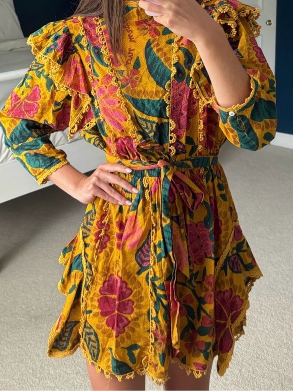 Farm Rio Yellow Pink Ruffle Wrap Mini Dress